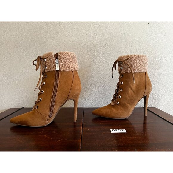 Jessica Simpson Ankle Boots Womens Sz 6.5 Tan Stiletto Heel Vegan Faux Fur Cuff - Picture 2 of 11